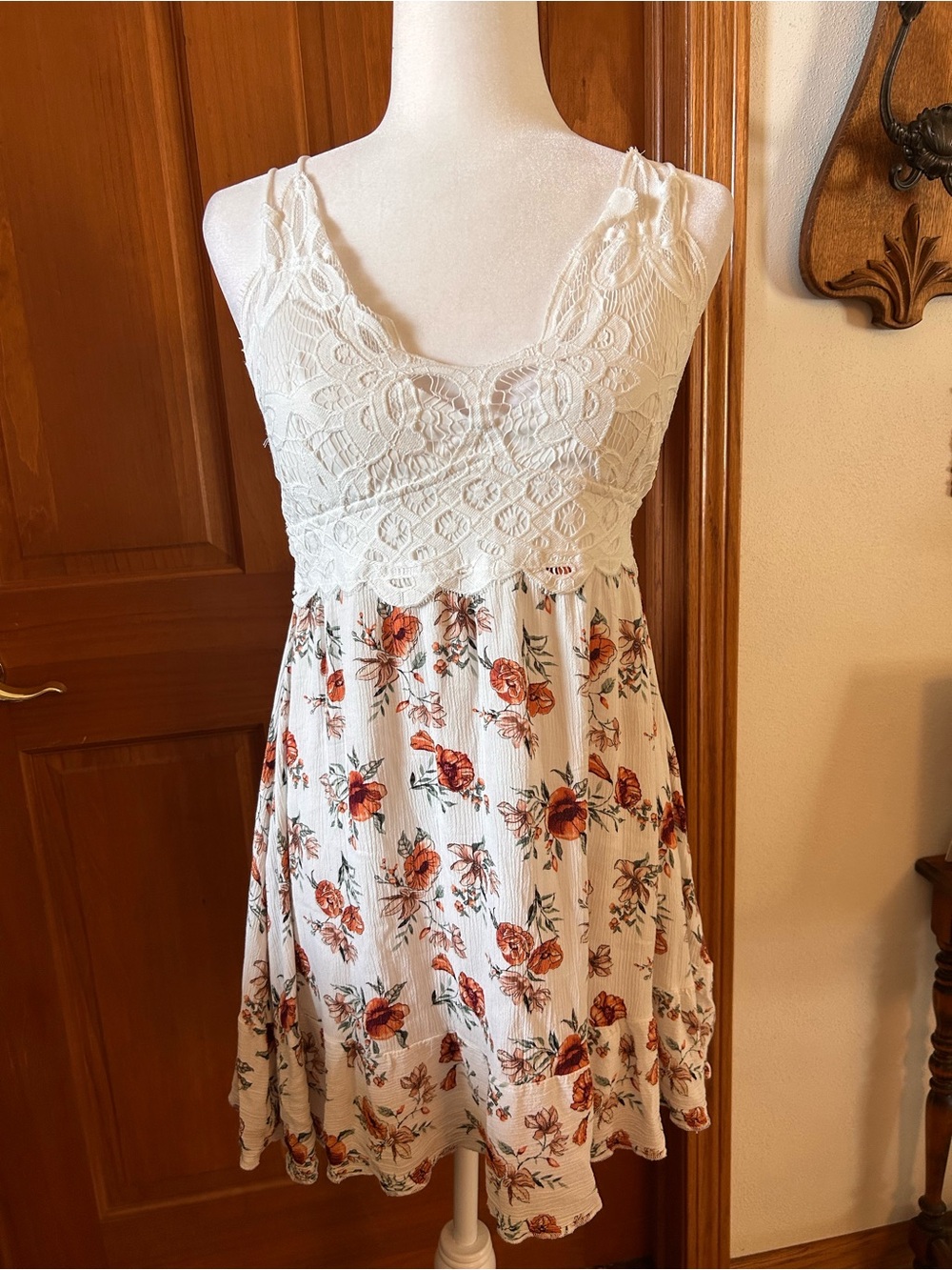 Justify Ivory Crochet Bodice Mini Dress with Rust Floral